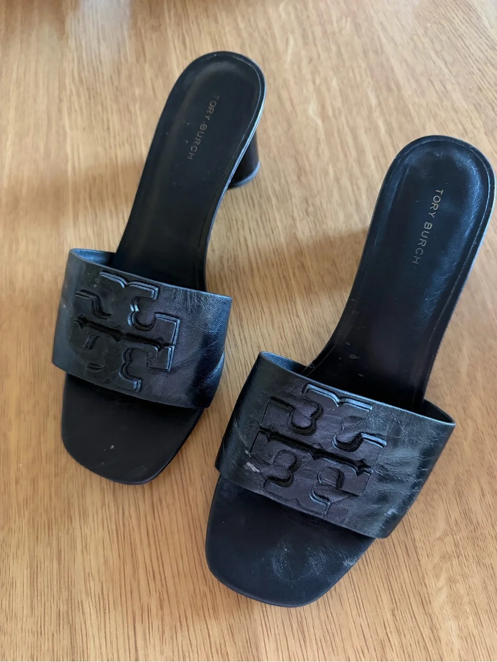 Tory Burch Black Leather Logo Slide Heels Size 8M